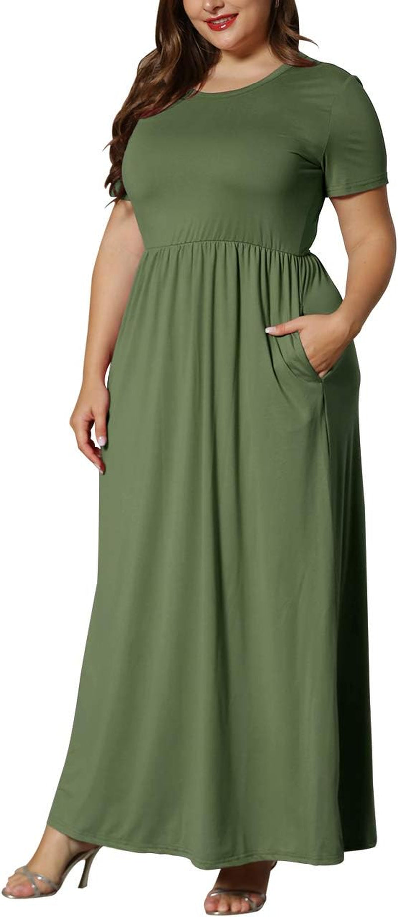 Women'S plus Size Short Sleeve Loose Plain Casual Long Maxi Dresses with Pockets