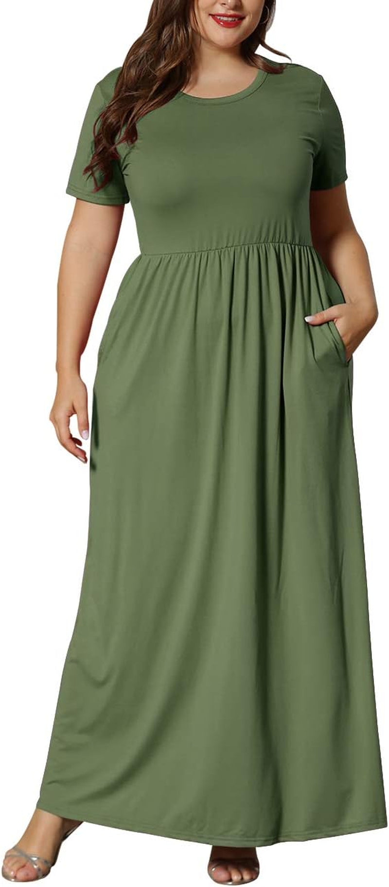 Women'S plus Size Short Sleeve Loose Plain Casual Long Maxi Dresses with Pockets