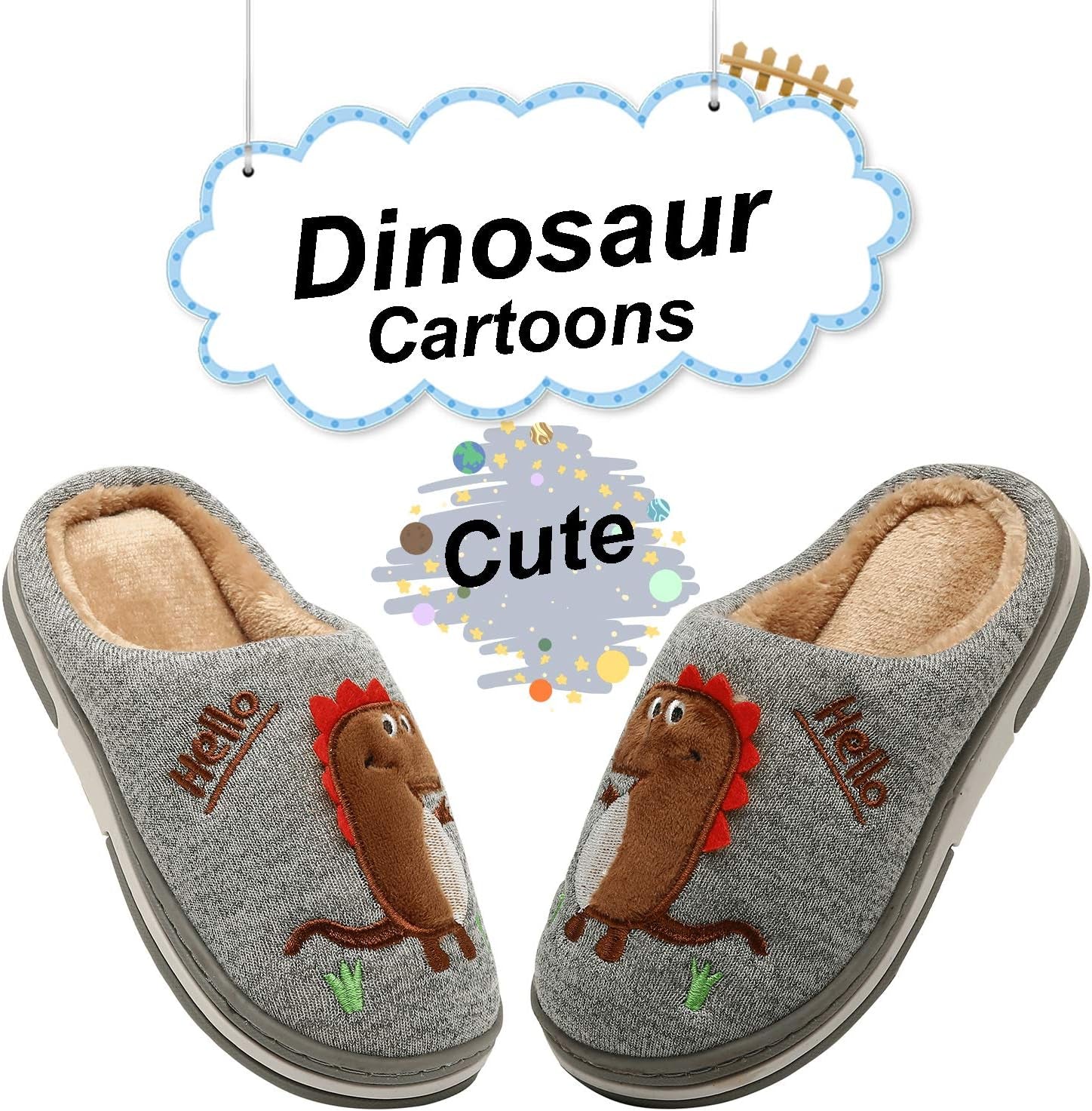 Boys Girls Cozy House Slippers Warm Plush Winter Cotton Slipper Kids Cute Dinosaur Indoor Shoes Non-Slip