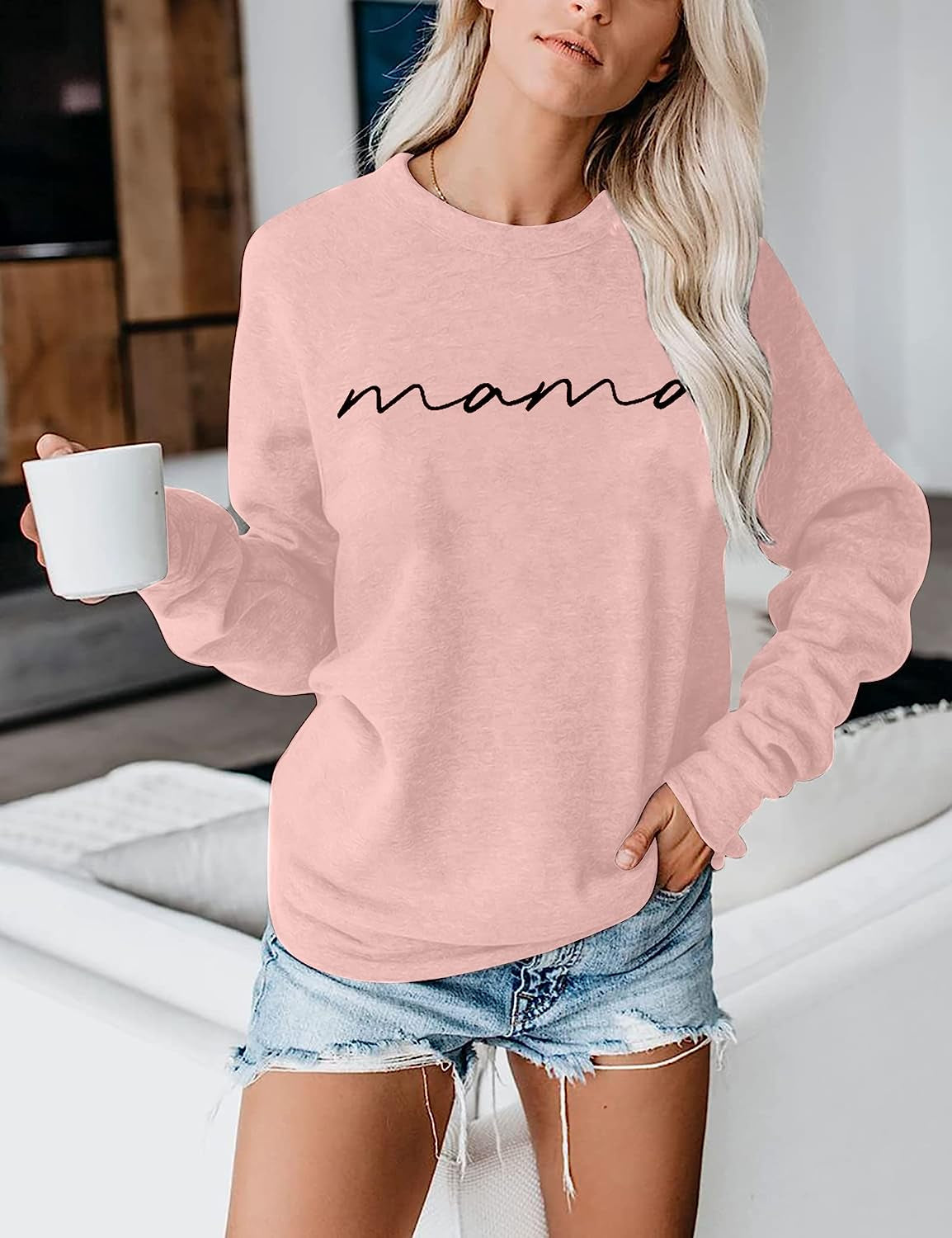 Womens Crewneck Sweatshirt Mama Letter Print Long Sleeve Loose Fashion Pullover Top