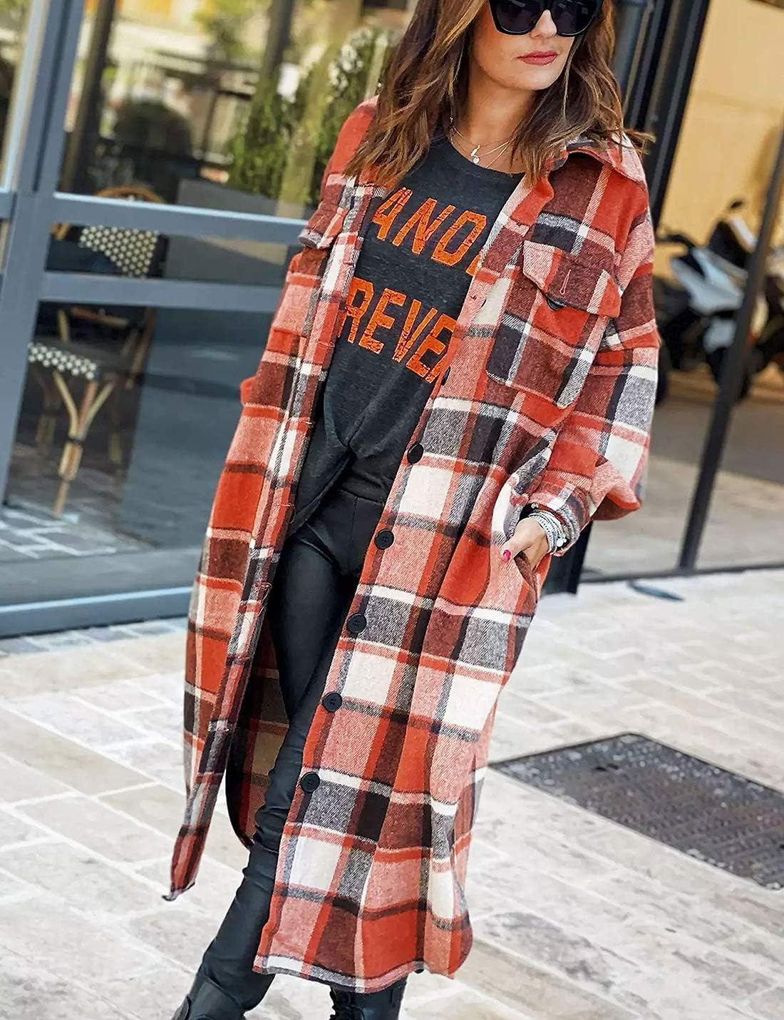 Women'S Lounge Lapel Button up Long Sleeve Plaid Long Shirt Jacket Shacket