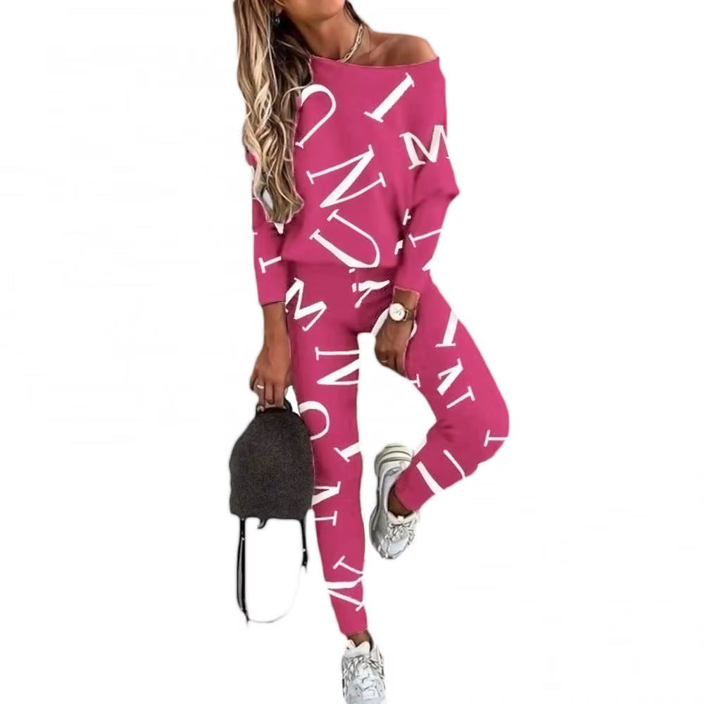 Outfit Letters Print Long Sleeve Top Spring Women Blouse Pants Tracksuit for Sports