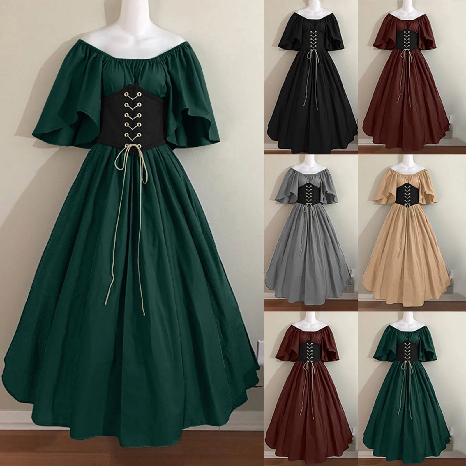 Womens Renaissance Faire Dresses Medieval Irish Traditional plus Size Dresses Ruffle over Dress Corset Retro Cosplay Gown